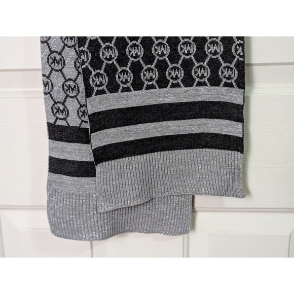 Michael Kors Womens Knit Scarf Gray Black Metallic Reversible Monogram Logo - Picture 2 of 6